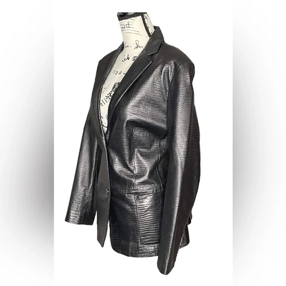 Ralph Lauren Crocodile Embossed Black Leather Jacket Blazer.Sz L. Mint - Picture 2 of 9